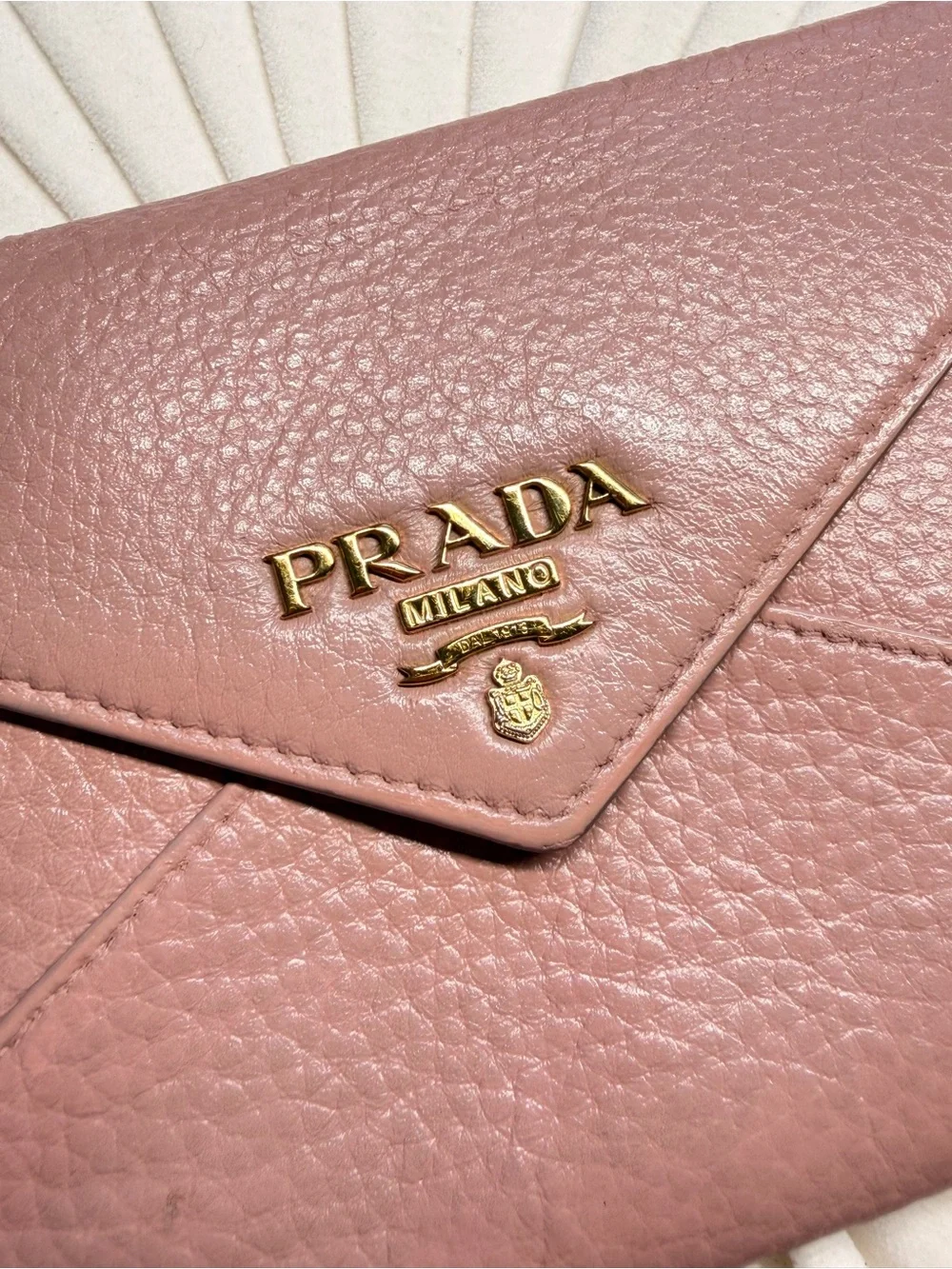 Prada Rose Pink Pebbled Leather Envelope Clutch with Gold Logo